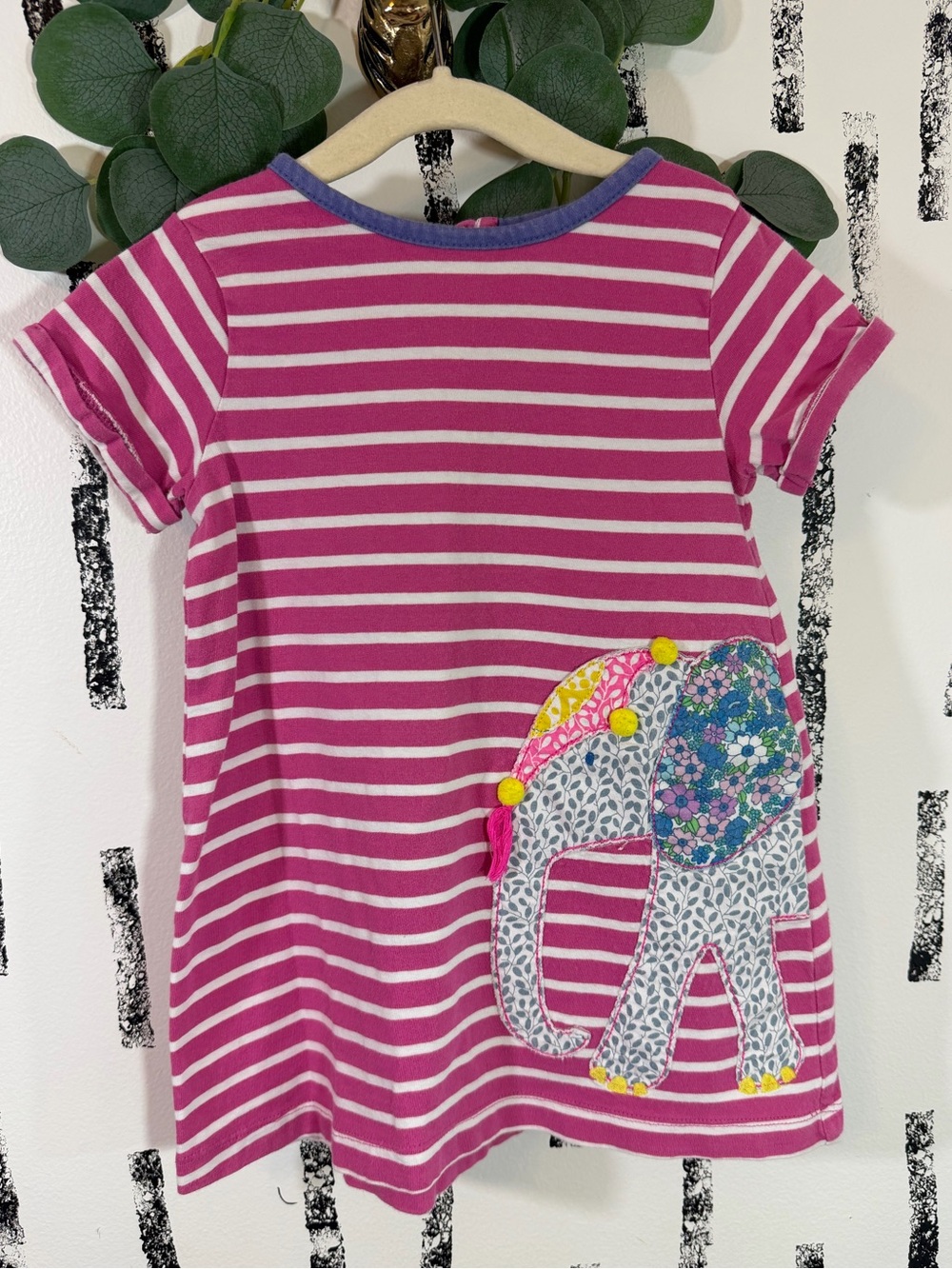 Mini Boden Elephant Appliqué Pink Striped Toddler Girls Shirt Dress Size 2-3Y
